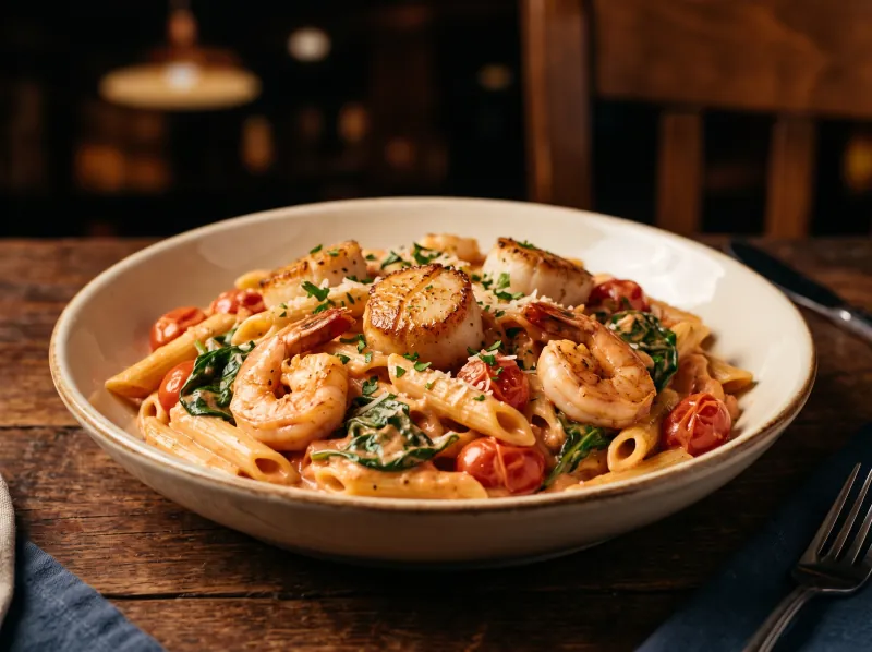Seafood Pink Pasta at Steamers Stonewall Tavern